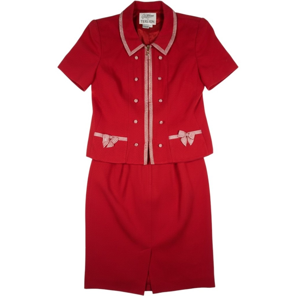 Rickie Freeman Teri Jon Red 2 Piece Skirt Suit VTG Gingham Trim Cotton Size 6